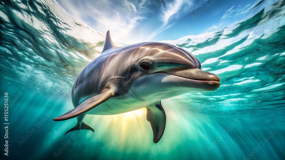 Obraz premium 4K Dolphin Worm's Eye View, Underwater Wildlife, Ocean Mammal, White Background, High Resolution Photo