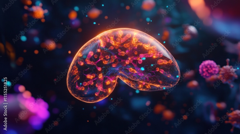 Microscopic Cell Structure Visualization: A Glowing Bio-Organism in Vibrant Hues Microscopic Cell Structure Visualization: A Glowing Bio-Organism in Vibrant Hues