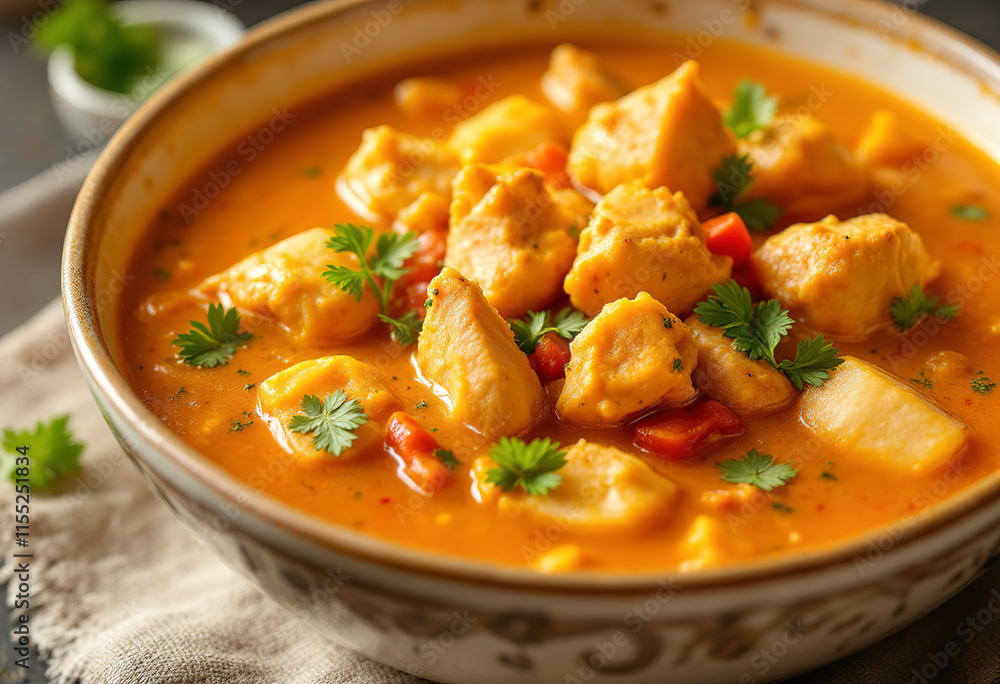 a bowl of vibrant soup, containing chunks of chickenc a bowl of vibrant soup, containing chunks of chickenc