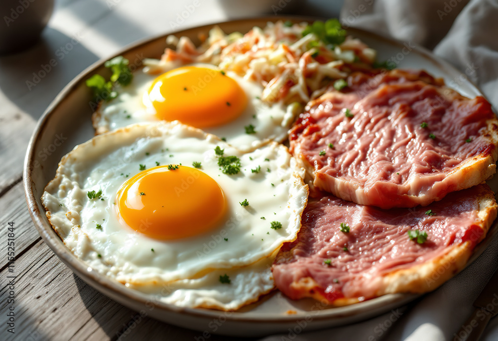 a breakfast plate with two eggs, a slice of pastrami meat, and a slice of coleslaw salad a breakfast plate with two eggs, a slice of pastrami meat, and a slice of coleslaw salad