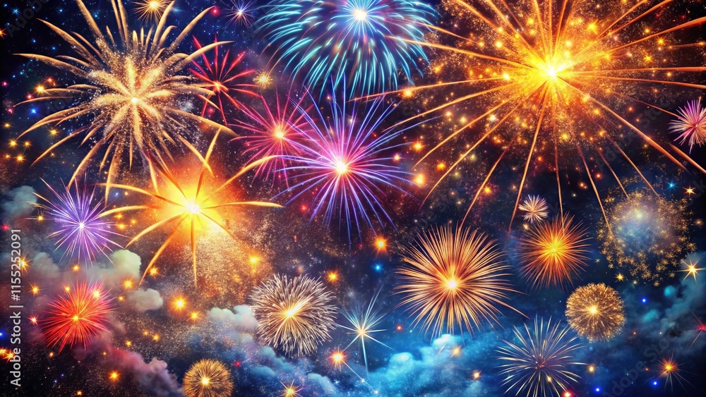 Abstract Night Sky Star Explosion Fireworks Celebration - Close-Up Yellow Black Background Abstract Night Sky Star Explosion Fireworks Celebration - Close-Up Yellow Black Background