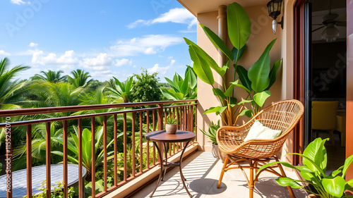 Tropical-themed balcony with a small table, rattan chair, and green plants. Generative AI photo