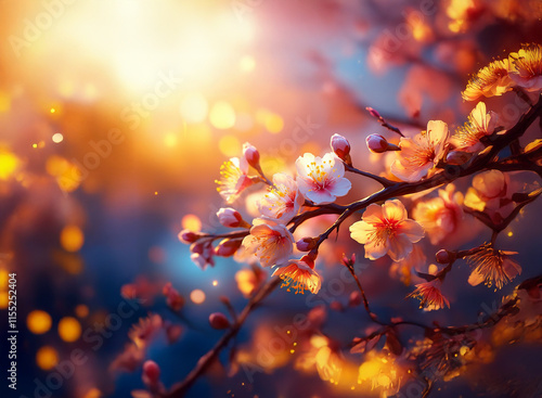 Wallpaper Mural Golden hour sunlight illuminates delicate blossoms on a flowering branch.  Soft bokeh and magical dust add to the enchanting scene. Torontodigital.ca