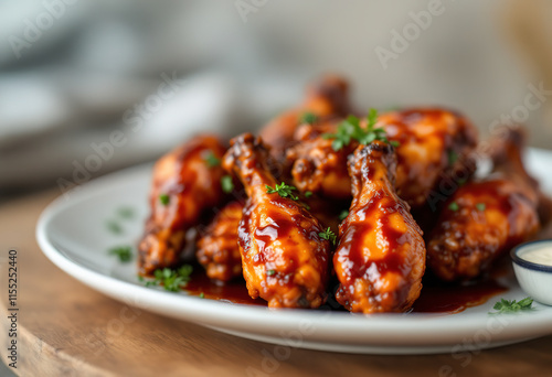 A close-up shot of a plate of chicken wings glazed with barbecue sauce