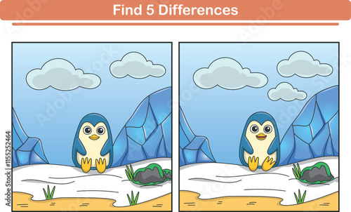 Funny cartoon penguin. Find 5 differences. Kids Education games. Cartoon vector illustration