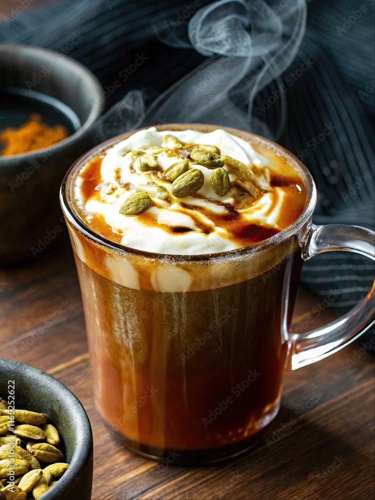 A cup of cardamom maple latte topped with frothy milk, garnished with cardamom pods and a drizzle of maple syrup. A cup of cardamom maple latte topped with frothy milk, garnished with cardamom pods and a drizzle of maple syrup.