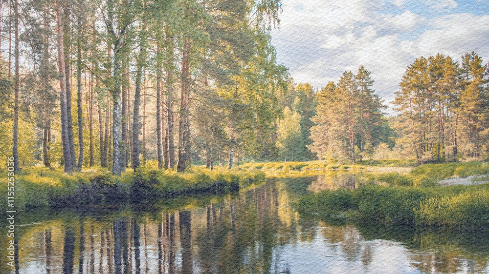 Painting of a forest with a river running through it Painting of a forest with a river running through it
