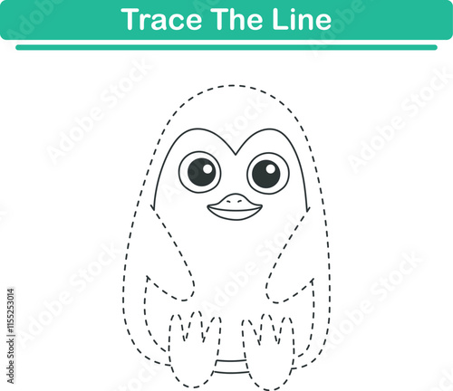 Trace line worksheets for children. Preschool handwriting practice with penguins. Vector illustration