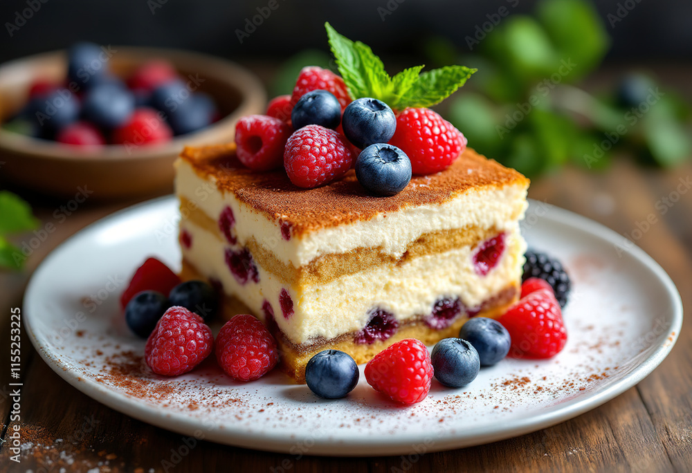 a delicious tiramisu cake with fresh berries and mint on a plate a delicious tiramisu cake with fresh berries and mint on a plate