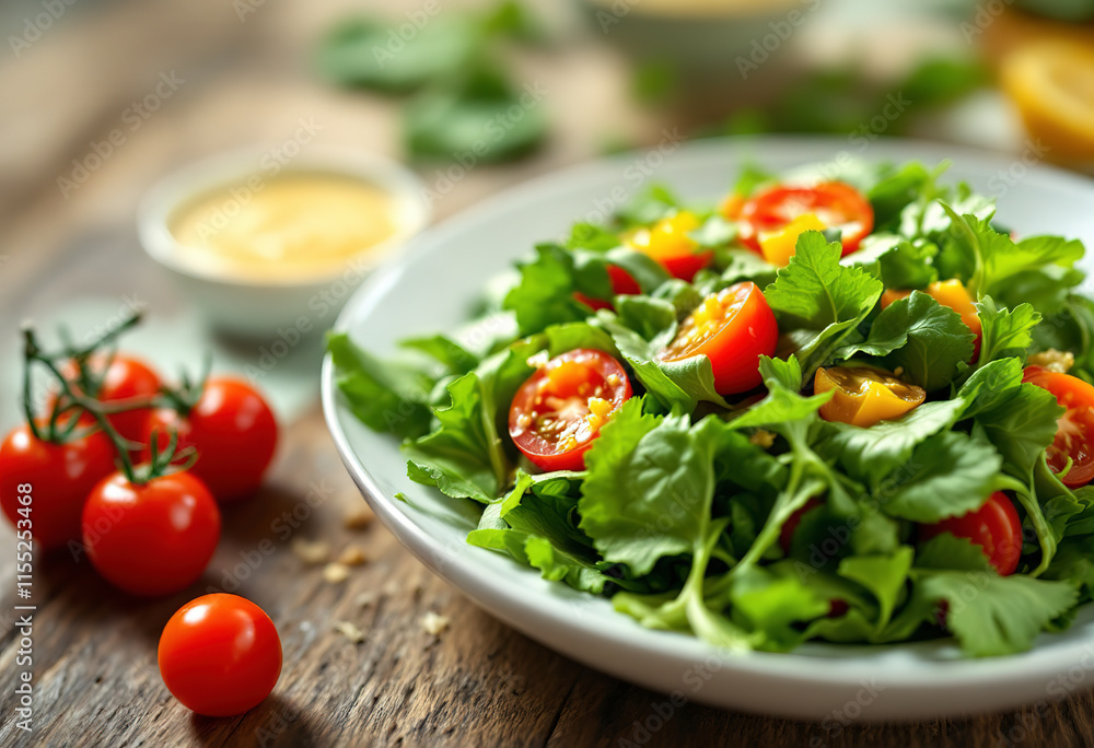 a fresh green salad with mixed greens, sliced cherry tomatoes, and a vibrant orange dressing a fresh green salad with mixed greens, sliced cherry tomatoes, and a vibrant orange dressing