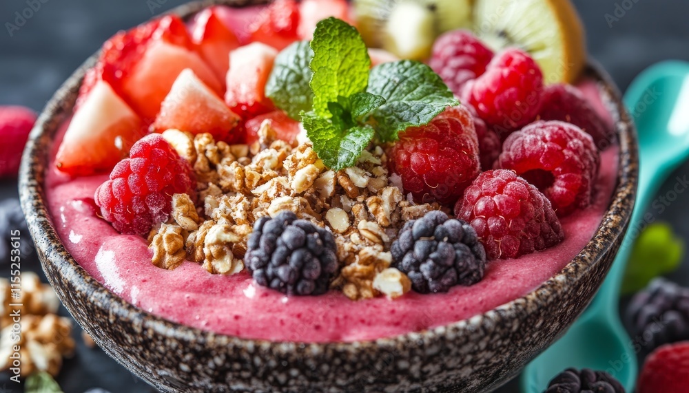 Strawberry Smoothie Bowl With Fresh Berries, Kiwi, And Granola. Healthy Breakfast Idea. Strawberry Smoothie Bowl With Fresh Berries, Kiwi, And Granola. Healthy Breakfast Idea.