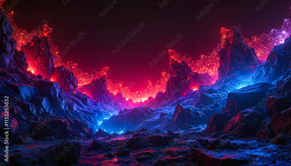 Fototapeta premium Futuristic glowing landscape with vibrant red and blue lava formations against a dark background 