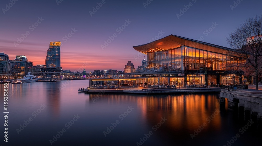 Obraz premium Illuminated waterfront building at sunset, city skyline reflected in calm water.