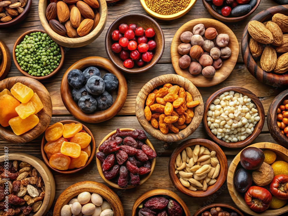 Bird's-Eye View of Assorted Nuts and Dried Fruits in Bowls - Vibrant Still Life Photography Bird's-Eye View of Assorted Nuts and Dried Fruits in Bowls - Vibrant Still Life Photography