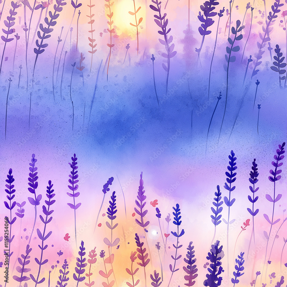 Watercolor painting of a lavender field stretching under a warm sunset, with bees hovering around Watercolor painting of a lavender field stretching under a warm sunset, with bees hovering around