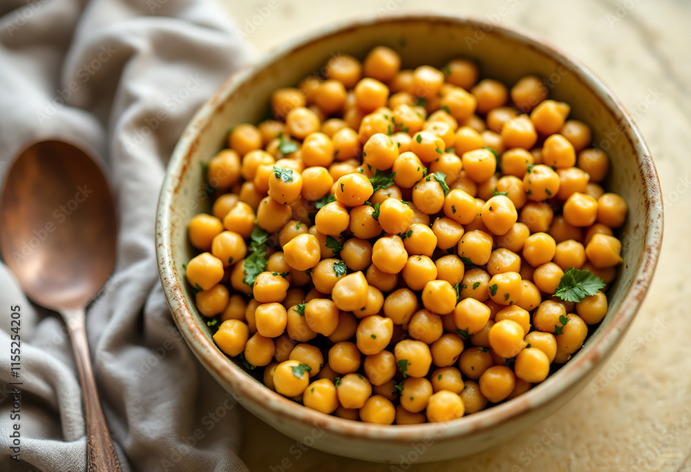 A medium shot of a bowl filled with creamy pesto chickpeas A medium shot of a bowl filled with creamy pesto chickpeas