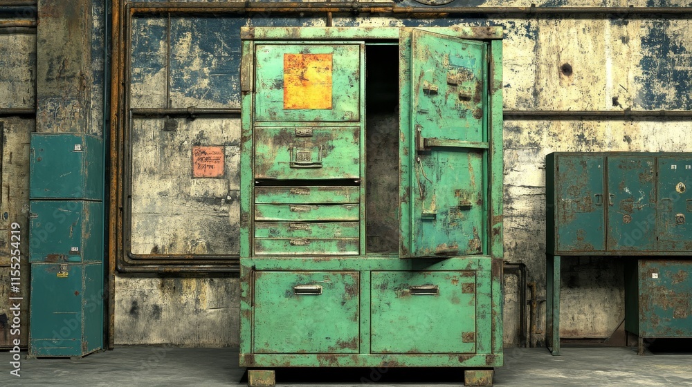 An old, rusty industrial locker with an open door, showcasing its worn texture and age. An old, rusty industrial locker with an open door, showcasing its worn texture and age.