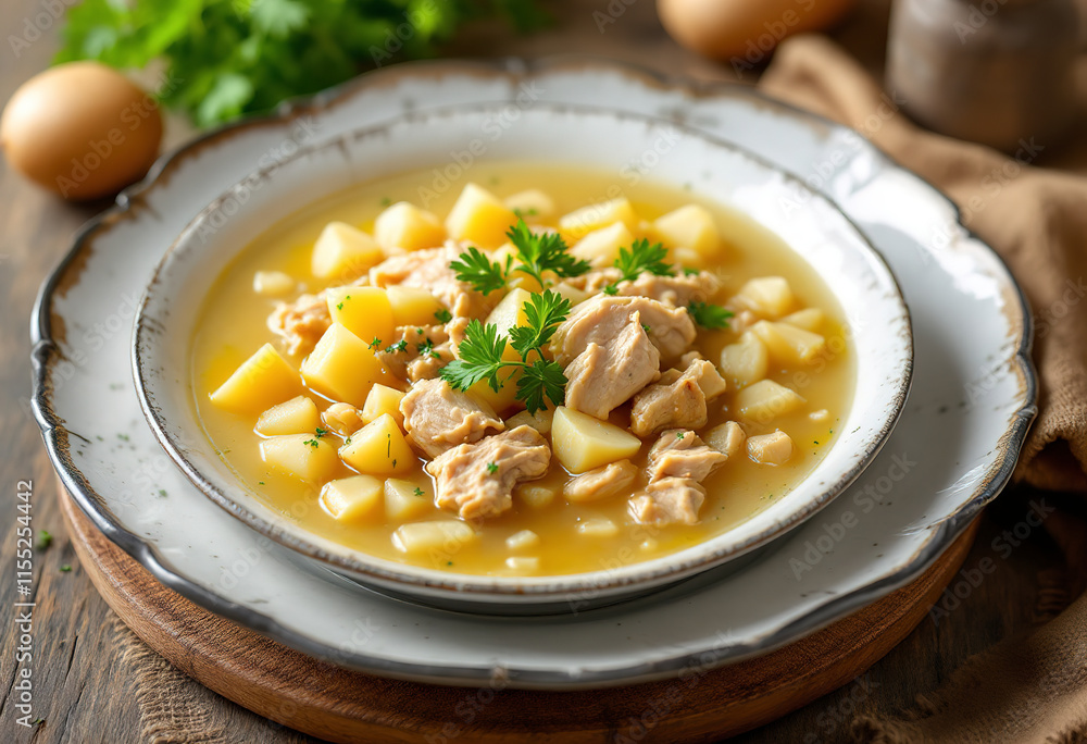 A medium shot of a plate with a bowl of a soup made with chicken, diced potatoes, and parsley A medium shot of a plate with a bowl of a soup made with chicken, diced potatoes, and parsley