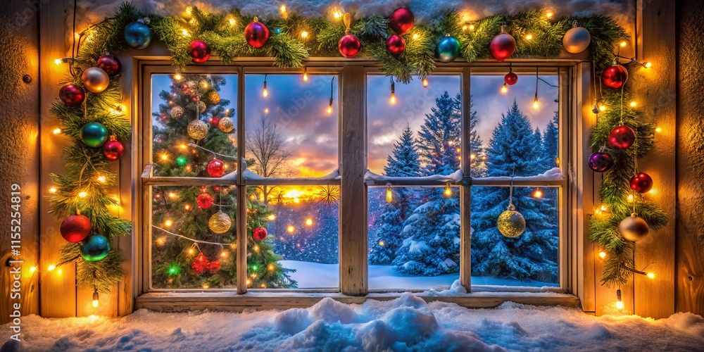 Naklejka premium Christmas Window Decor Square Photo: Festive Garland, Lights, & Ornaments Rule of Thirds Composition