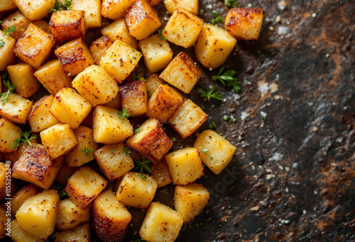 A photo of golden-brown, seasoned, and roasted diced potatoes