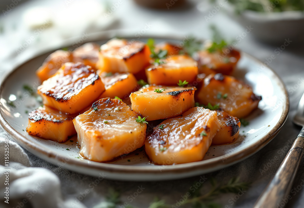 a plate of chunks of smoked brook trout with a rich, reddish-brown hue a plate of chunks of smoked brook trout with a rich, reddish-brown hue