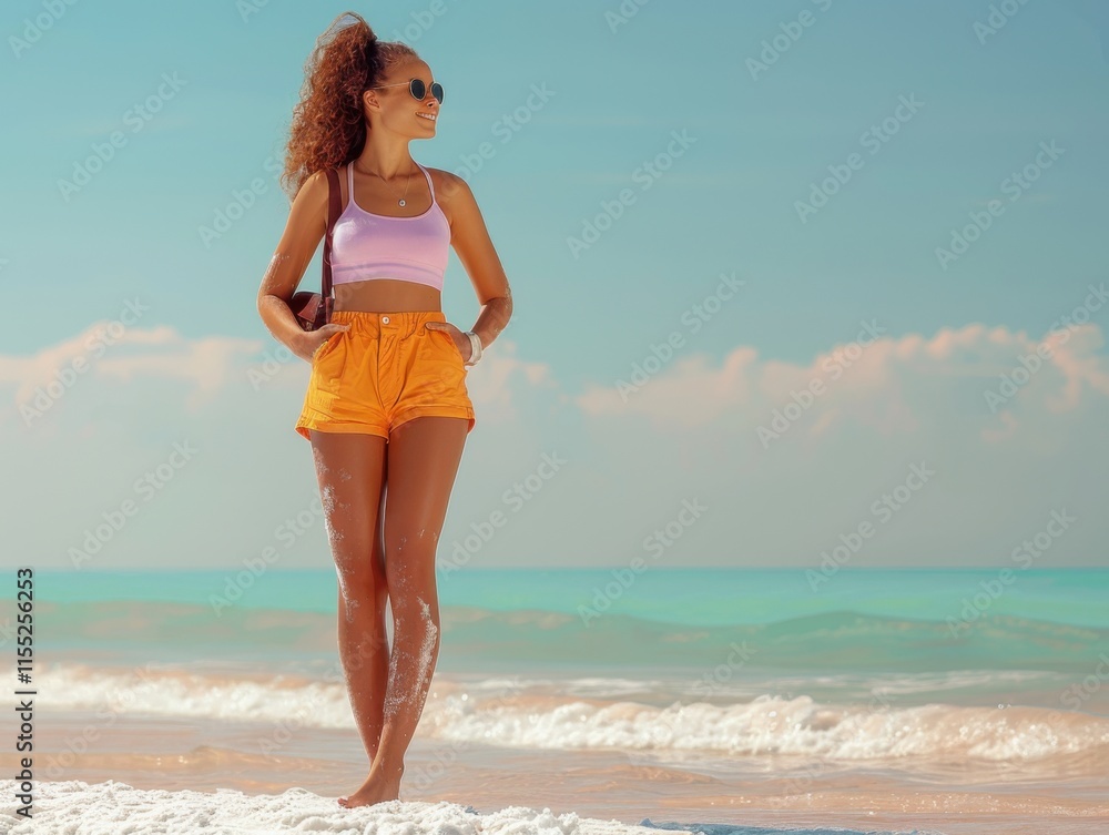 A young woman stands on striking salt formations at the edge of the Dead Sea, enjoying the sunny weather with a clear blue sky above. A young woman stands on striking salt formations at the edge of the Dead Sea, enjoying the sunny weather with a clear blue sky above.