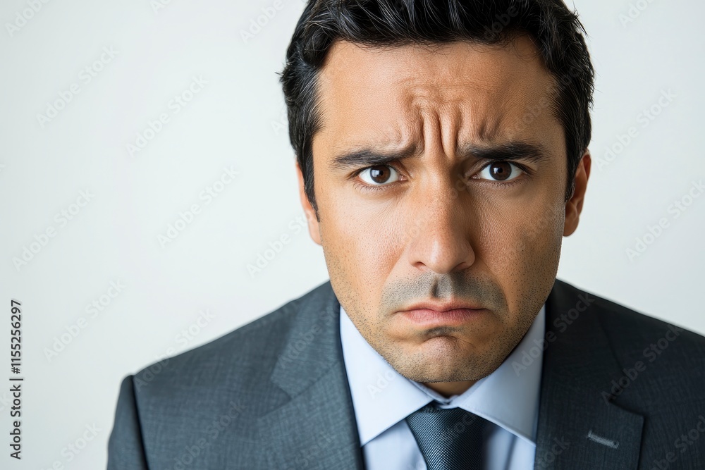 Closeup headshot face portrait of worried boss businessman isolated on white studio background. Latin hispanic middle age focused man, manager, ceo in formal business suit looking stressed at camera Closeup headshot face portrait of worried boss businessman isolated on white studio background. Latin hispanic middle age focused man, manager, ceo in formal business suit looking stressed at camera