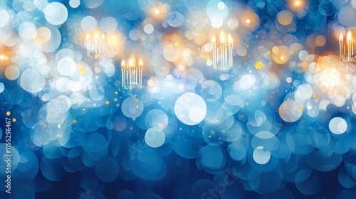 Hanukkah abstract background. Featuring deep blues, silvers, and golds with glowing menorah silhouettes. Highlighting tradition, light, and celebration. Perfect for Hanukkah-themed designs photo