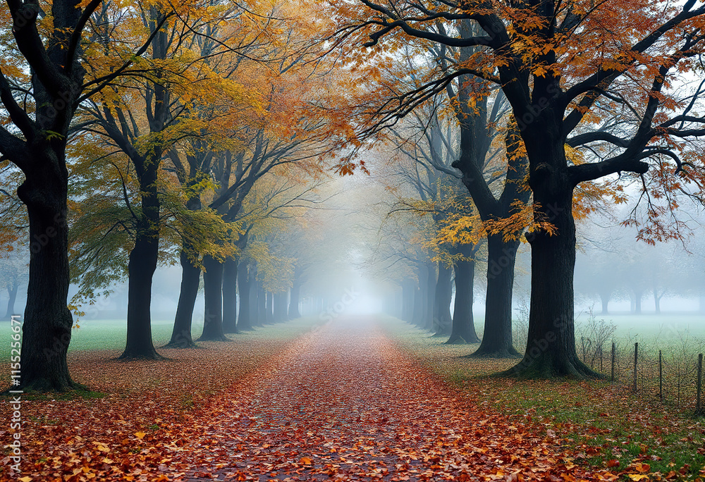 Fototapeta premium Empty autumn alley in a park with maples in late autumn. Mystical autumn landscape with morning fog and path in the park.