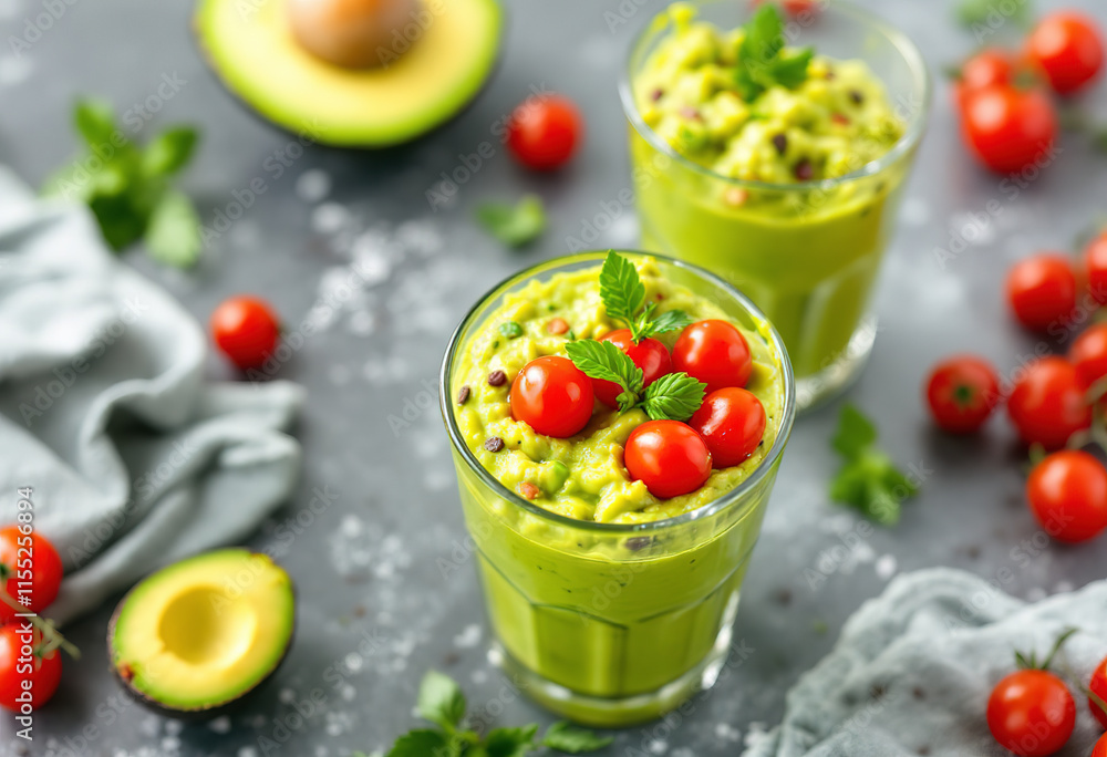 Fresh guacamole sauce from raw avocado with cherry tomatoes in glasses Fresh guacamole sauce from raw avocado with cherry tomatoes in glasses