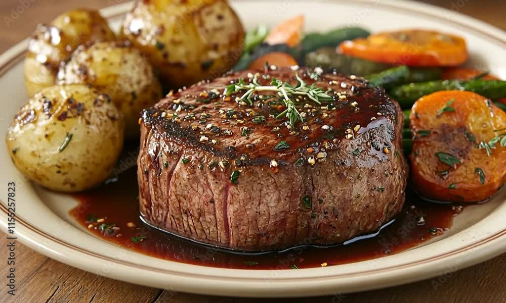 Grilled beef steak with roasted potatoes and carrots. Grilled beef steak with roasted potatoes and carrots.