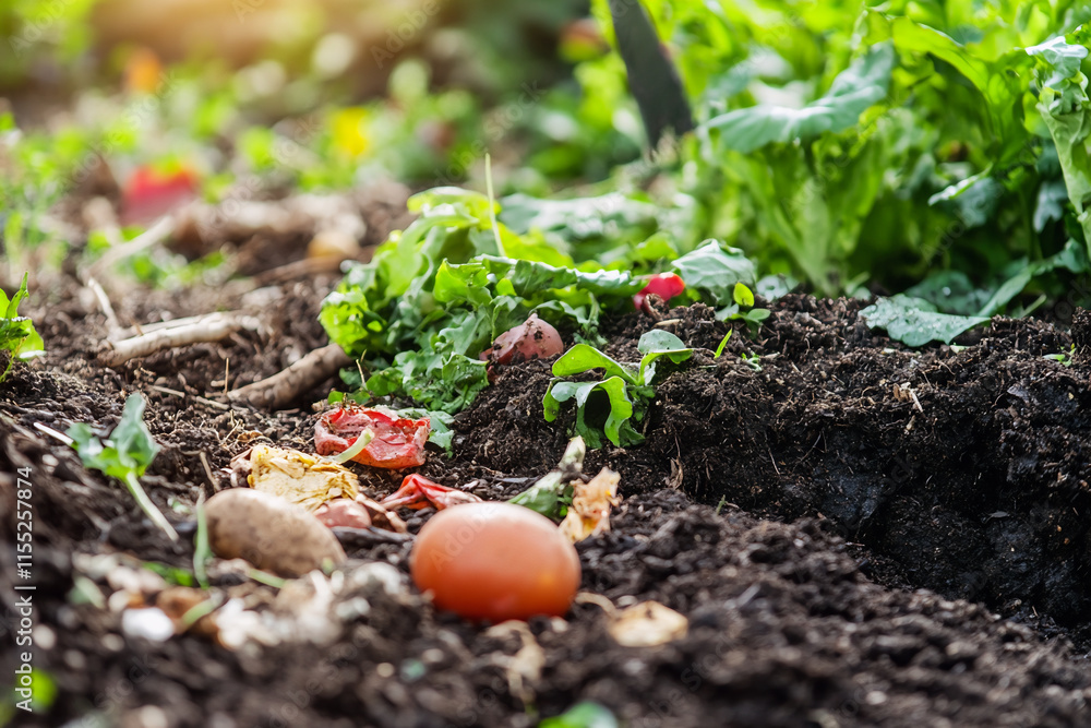 Macro view of organic compost in a garden, visible plant scraps and natural decomposition Macro view of organic compost in a garden, visible plant scraps and natural decomposition