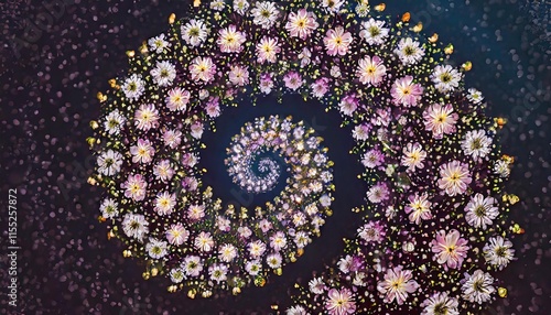 A spiral of blooming flowers on a dark background