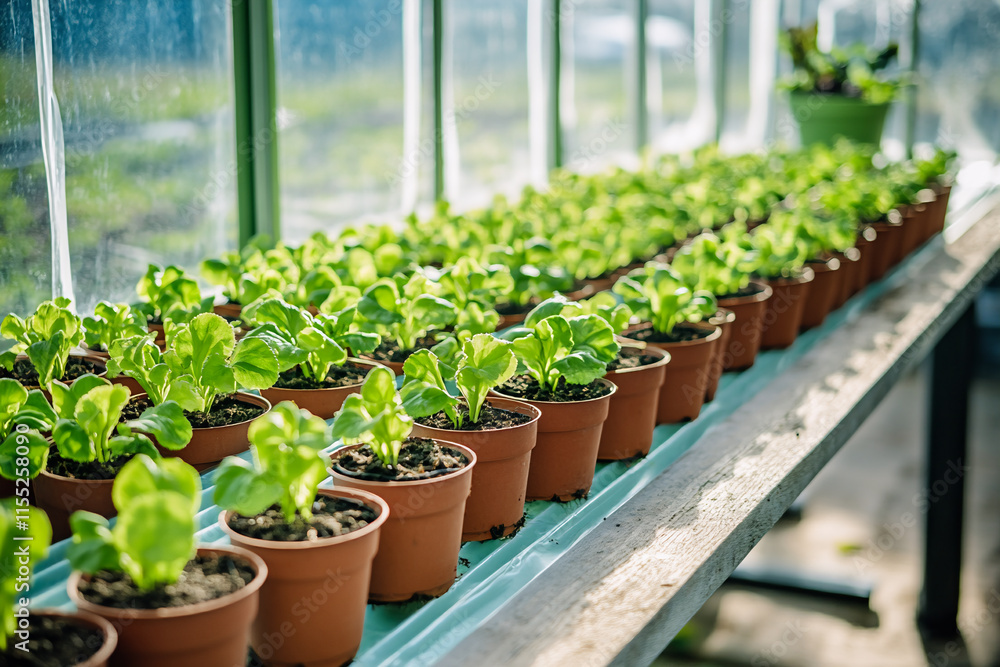 Rows of young plants in small pots, neatly arranged in a greenhouse Rows of young plants in small pots, neatly arranged in a greenhouse
