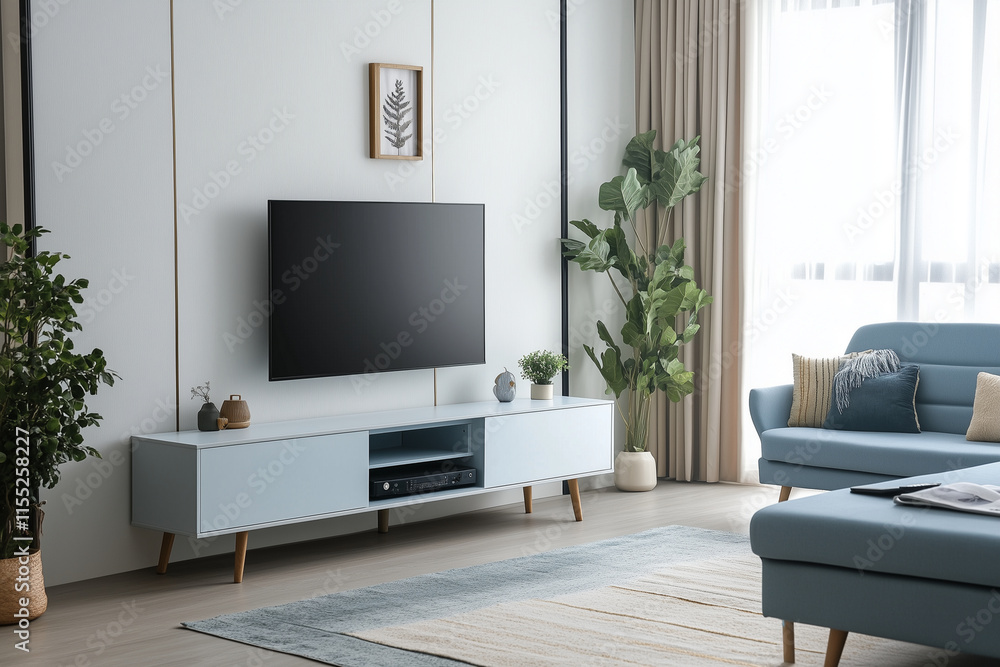 A stylish living room soft warm sofa complemented by a simple TV. The Scandinavian living room includes a two-tone rug and greenery by the windows
A stylish living room soft warm sofa complemented by a simple TV. The Scandinavian living room includes a two-tone rug and greenery by the windows
