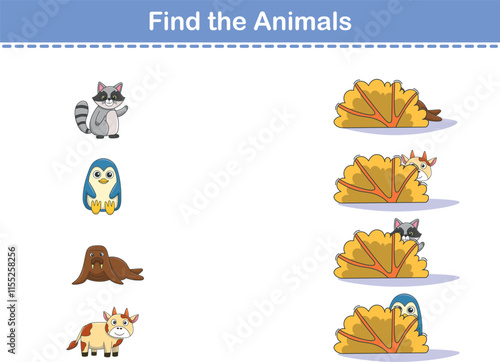 Find Hiding Animals. Child Exercise Sheet with wild animals. Printable worksheet. Cartoon vector illustration