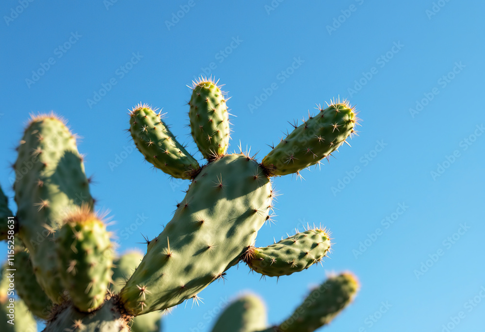 A close-up view of a cholla cactus plant with its distinctive spiny, cylindrical segments against a clear blue sky background A close-up view of a cholla cactus plant with its distinctive spiny, cylindrical segments against a clear blue sky background