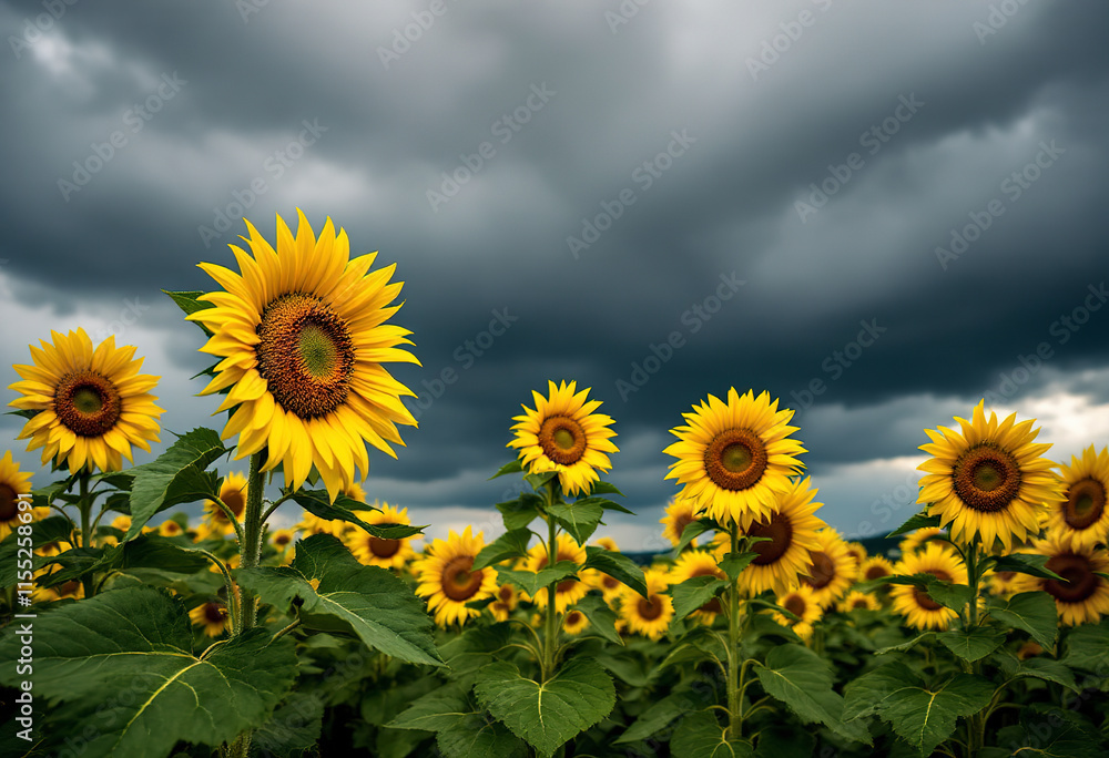 A field of vibrant yellow sunflowers against a stormy gray sky, with lush green foliage in the foreground A field of vibrant yellow sunflowers against a stormy gray sky, with lush green foliage in the foreground