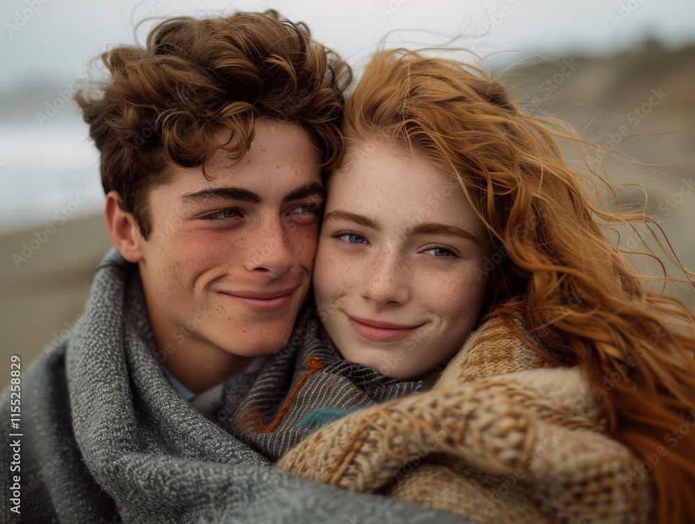 A young couple enjoys a playful moment wrapped in blankets at the beach, with gentle smiles expressing warmth and affection. A young couple enjoys a playful moment wrapped in blankets at the beach, with gentle smiles expressing warmth and affection.
