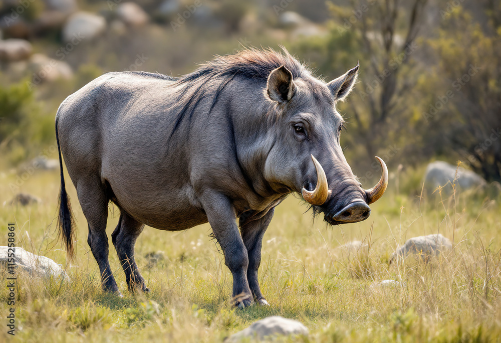 A large gray warthog standing in a grassy field with rocks and bushes in the background A large gray warthog standing in a grassy field with rocks and bushes in the background