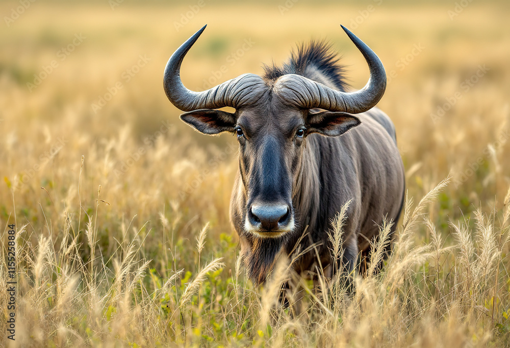 A large gray wildebeest standing in a grassy field, with its distinctive mane and horns visible A large gray wildebeest standing in a grassy field, with its distinctive mane and horns visible