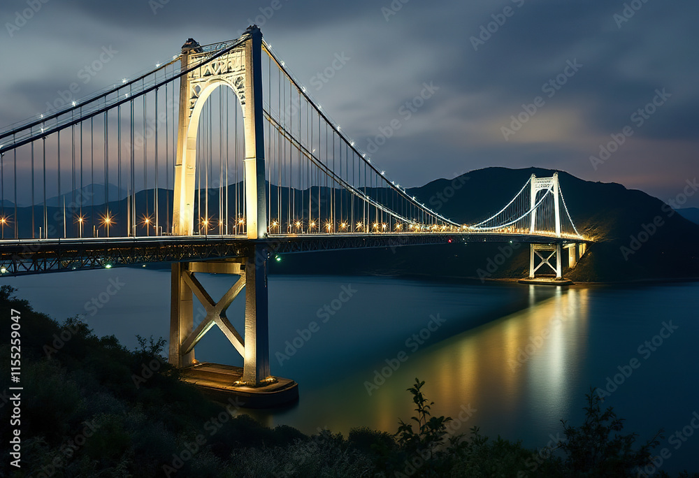Fototapeta premium A large suspension bridge with illuminated cables and arches spanning over a body of water at night