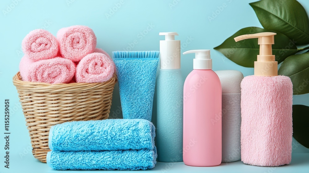 A collection of bath products and towel arranged aesthetically for personal care. A collection of bath products and towel arranged aesthetically for personal care.