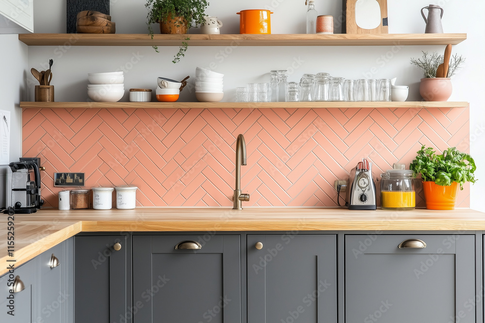 A minimal Scandinavian kitchen with cabinets and a warm wooden countertop, complemented by natural wood shelves A minimal Scandinavian kitchen with cabinets and a warm wooden countertop, complemented by natural wood shelves