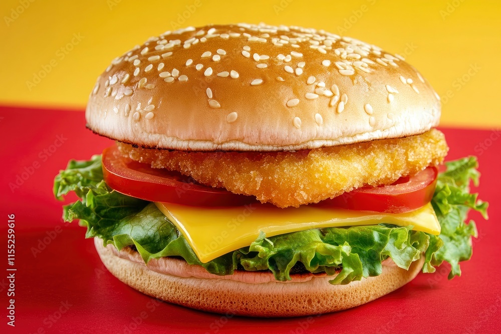Delicious fish burger with tomatoes, cheese slices and fresh lettuce on yellow and red background Delicious fish burger with tomatoes, cheese slices and fresh lettuce on yellow and red background