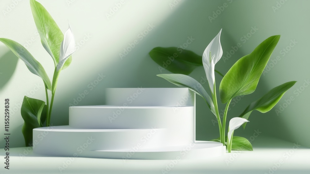 A minimalist display featuring curved white steps and lush green plant against a soft background. A minimalist display featuring curved white steps and lush green plant against a soft background.