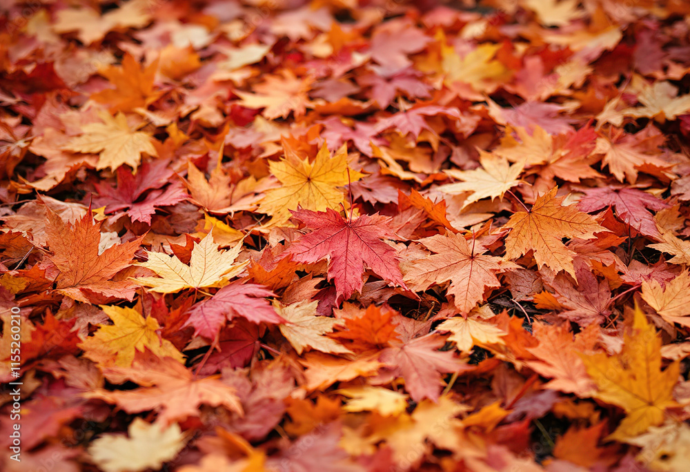 Fallen autumn leaves in various shades of red, orange, and brown covering the ground Fallen autumn leaves in various shades of red, orange, and brown covering the ground