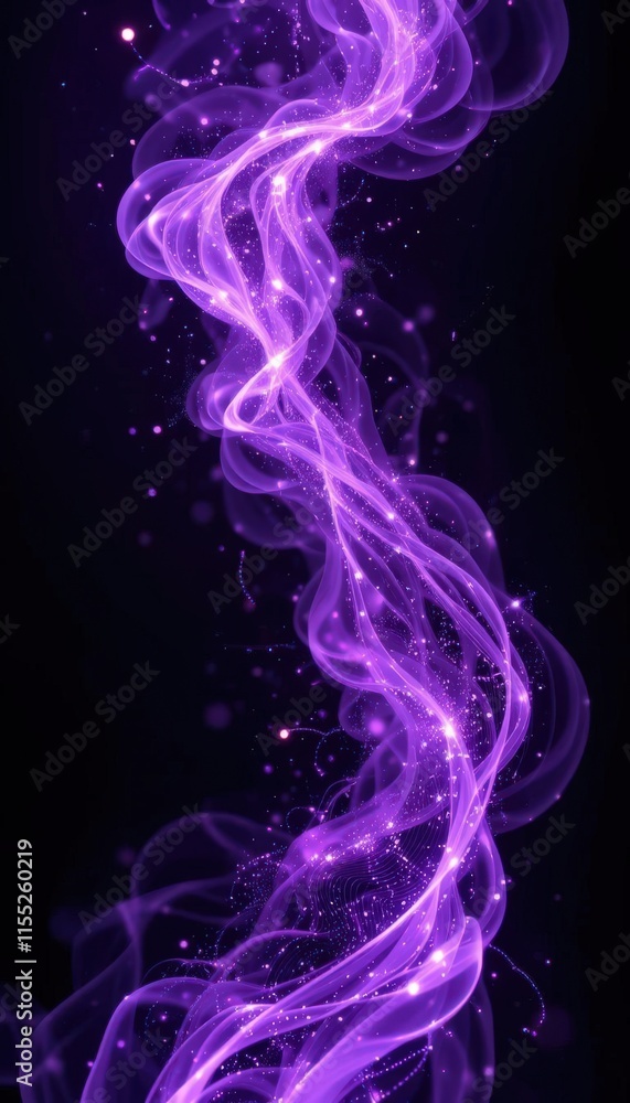 Abstract purple glowing smoke-like wave with sparkling particles on a dark background. Abstract purple glowing smoke-like wave with sparkling particles on a dark background.