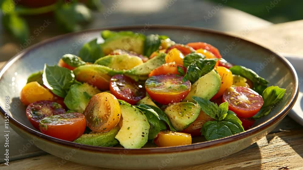 Fresh garden salad with colorful tomatoes and basil on wooden table Fresh garden salad with colorful tomatoes and basil on wooden table