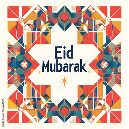 A modern Eid card featuring geometric Islamic patterns and the text 